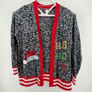 No Boundaries XXL Black Gray Red Sequin Ho Ho Ho Santa Hat‎ Christmas Cardigan